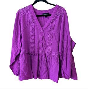 Lane Bryant Purple Lace Peasant Boho Button Down Top Size 24